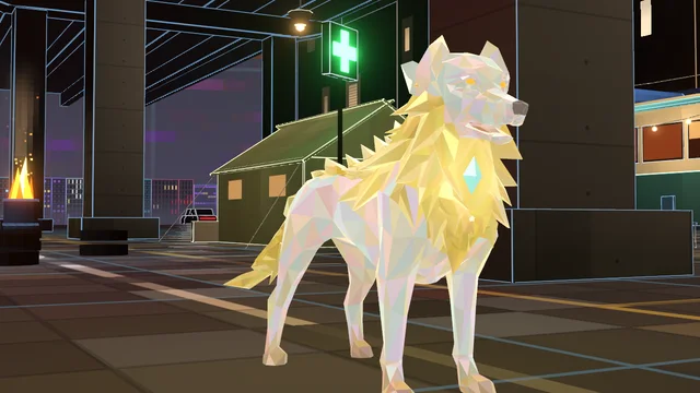 A Light Dog: a cream-white dog with a mane and tail of golden crystal.