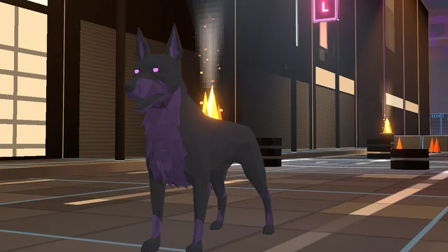 A Phantom Dog: a sleek, near-black dog with violet edges.