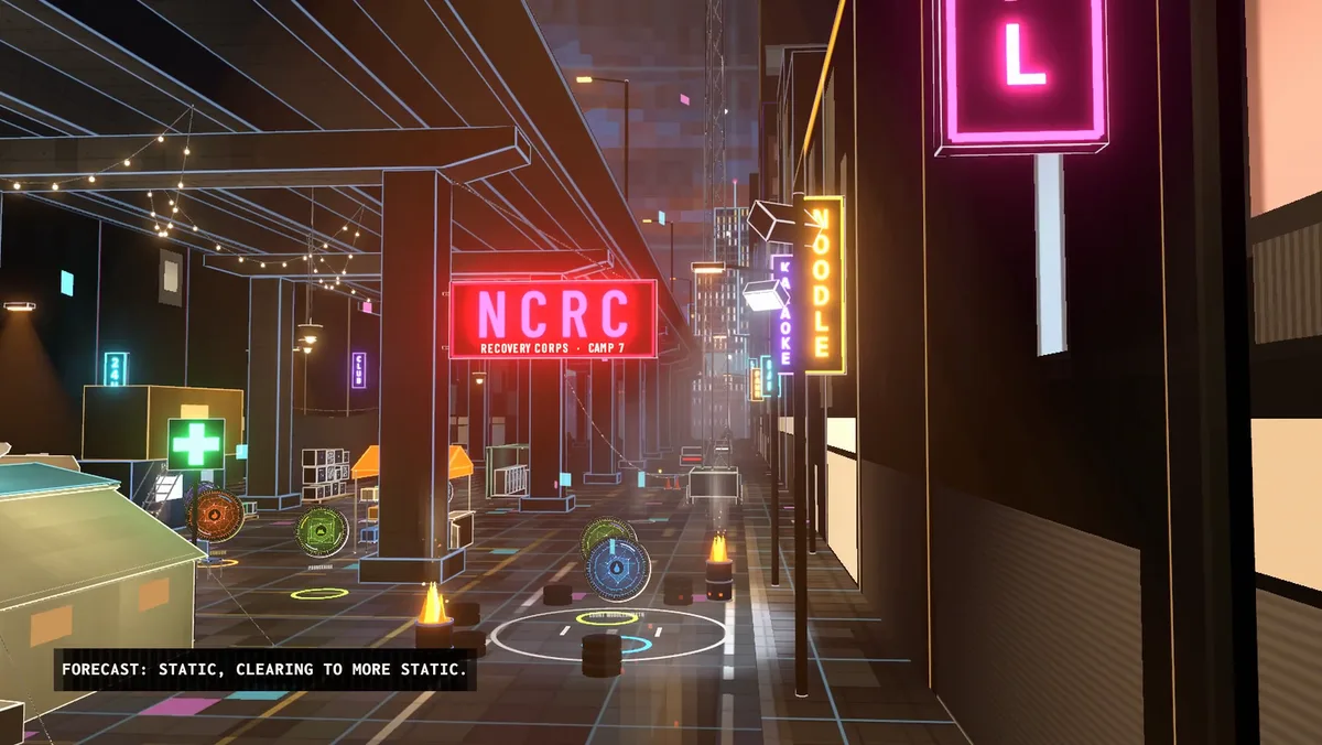 Camp 7 at night: a street under an elevated road, a red NCRC Recovery Corps sign, a medic's green cross, neon signs for noodles and karaoke, burn barrels with fires, and round creature seals standing about. A caption reads: Forecast, static, clearing to more static.