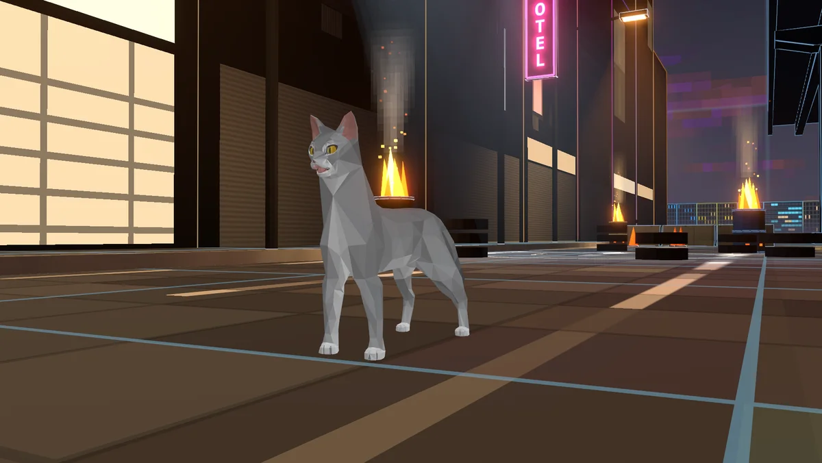 A low-poly grey cat with amber eyes stands in Camp 7 at night beside a burn barrel and a pink HOTEL sign, looking off to the left.
