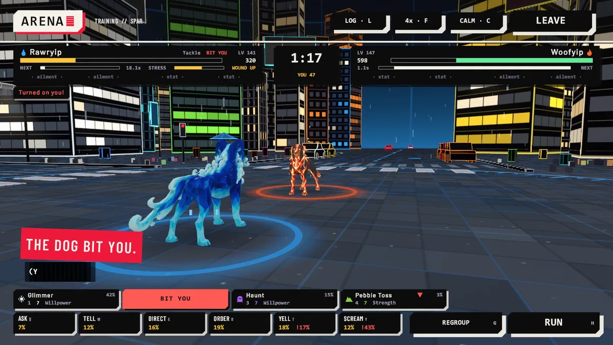 The arena on a city street at night. A blue water dog in the foreground faces a small orange fire dog. A red banner reads THE DOG BIT YOU. Along the bottom are the move cards and the six tones: Ask, Tell, Direct, Order, Yell, Scream.