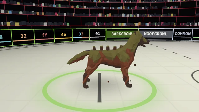 An Earth Dog in the arena: a brown dog covered in moss-green facets with stumps along its spine, standing in a green ring.