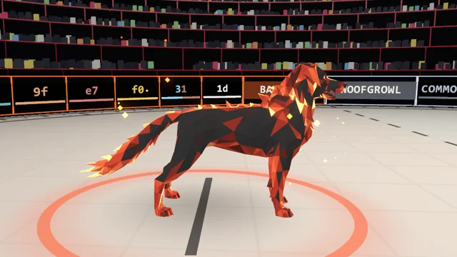 A Fire Dog in the arena: a black dog made of faceted shards, glowing orange along its cracks, standing in an orange ring.