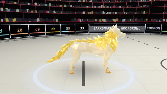 A Light Dog in the arena: a pale, cream-white dog with a mane and tail of golden crystal shards, standing in a pale ring.