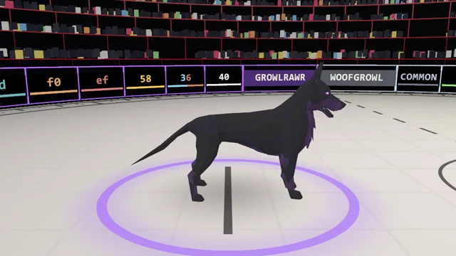 A Phantom Dog in the arena: a sleek black dog with violet edges and a long pointed tail, standing in a purple ring.