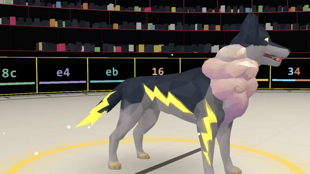 A Thunder Dog up close: a dark dog with a pale, hunched chest and yellow lightning bolts along its back and legs, standing in a yellow ring.