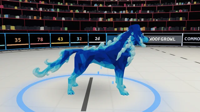 A Water Dog in the arena: a dog of deep blue facets with pale curling wave crests along its back and tail, standing in a blue ring.