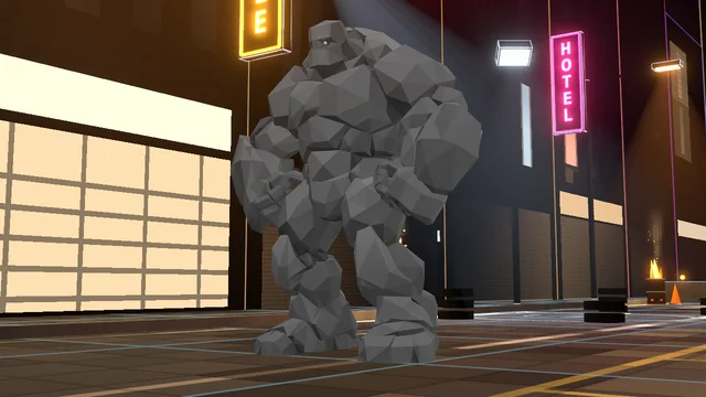 A Stone Golem: a grey titan of rough boulders standing in Camp 7 at night.