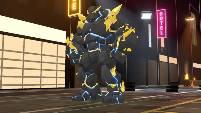 A Thunder Golem: dark slate with yellow and blue electric seams and amber crystals on its shoulders.