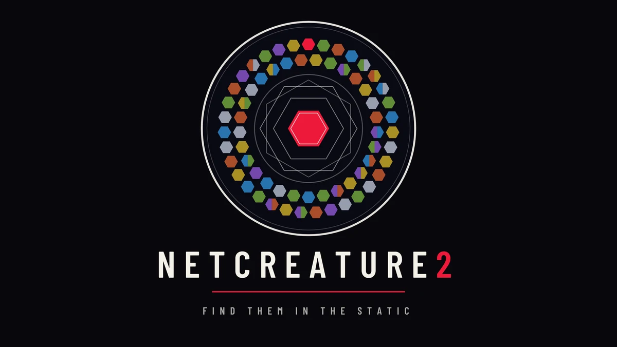 The NetCreature2 logo: a ring of coloured hexagons around a red cell, above the words NETCREATURE2 and FIND THEM IN THE STATIC.