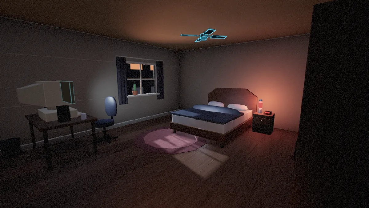 A dim bedroom at night: a bed with a lava lamp glowing on the nightstand, a desk with an old computer, a window with curtains, and a ceiling fan outlined in cyan.