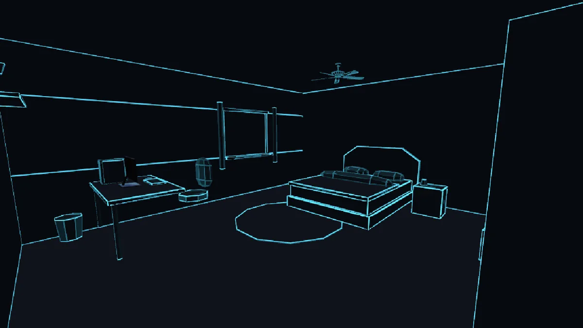 The same bedroom drawn as a cyan wireframe on black: the bed, desk, window, ceiling fan and nightstand as bare outlines.