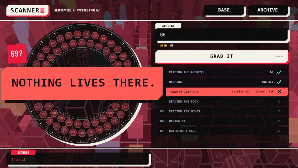 The scanner screen. A red panel reads NOTHING LIVES THERE. The address field reads 69. A ring of hexagonal bytes sits on the left, and a checklist on the right reads: reading the address, hashing with sha-512, and reading identity, where the check turns into a cross.