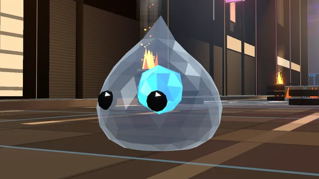 A Common Slime: a clear jelly teardrop with a small pale core and two black eyes.