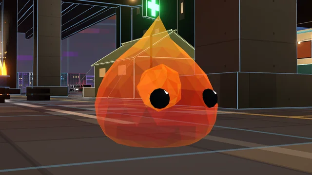 A Fire Slime: an orange jelly teardrop with a bright orange core.
