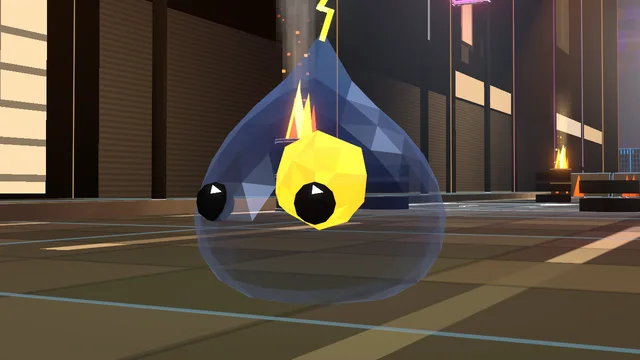 A Thunder Slime: a dark jelly teardrop with a yellow core and a small spark above it.